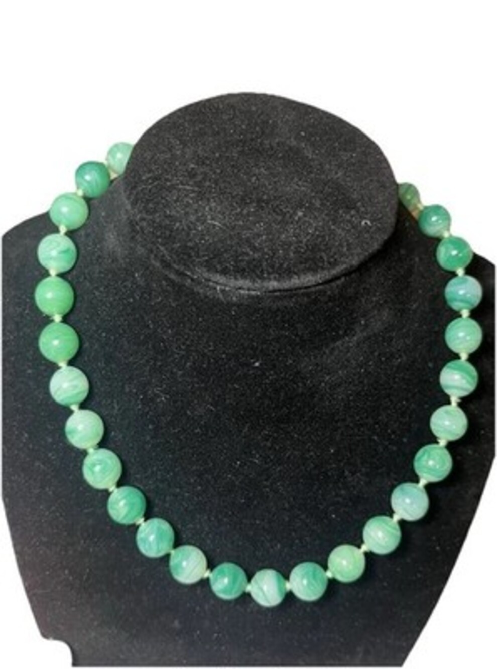 VTG Signed JOSEPH MAZER Green PEKING GLASS Gold Tn Bead Necklace Faux Jade Clasp